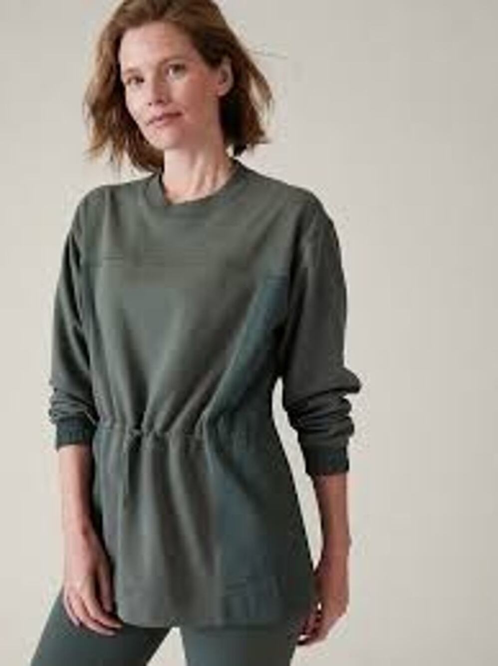 Athleta Triumph Hybrid Crewneck Olive Green Sweatshirt Cinch Waist Size Small